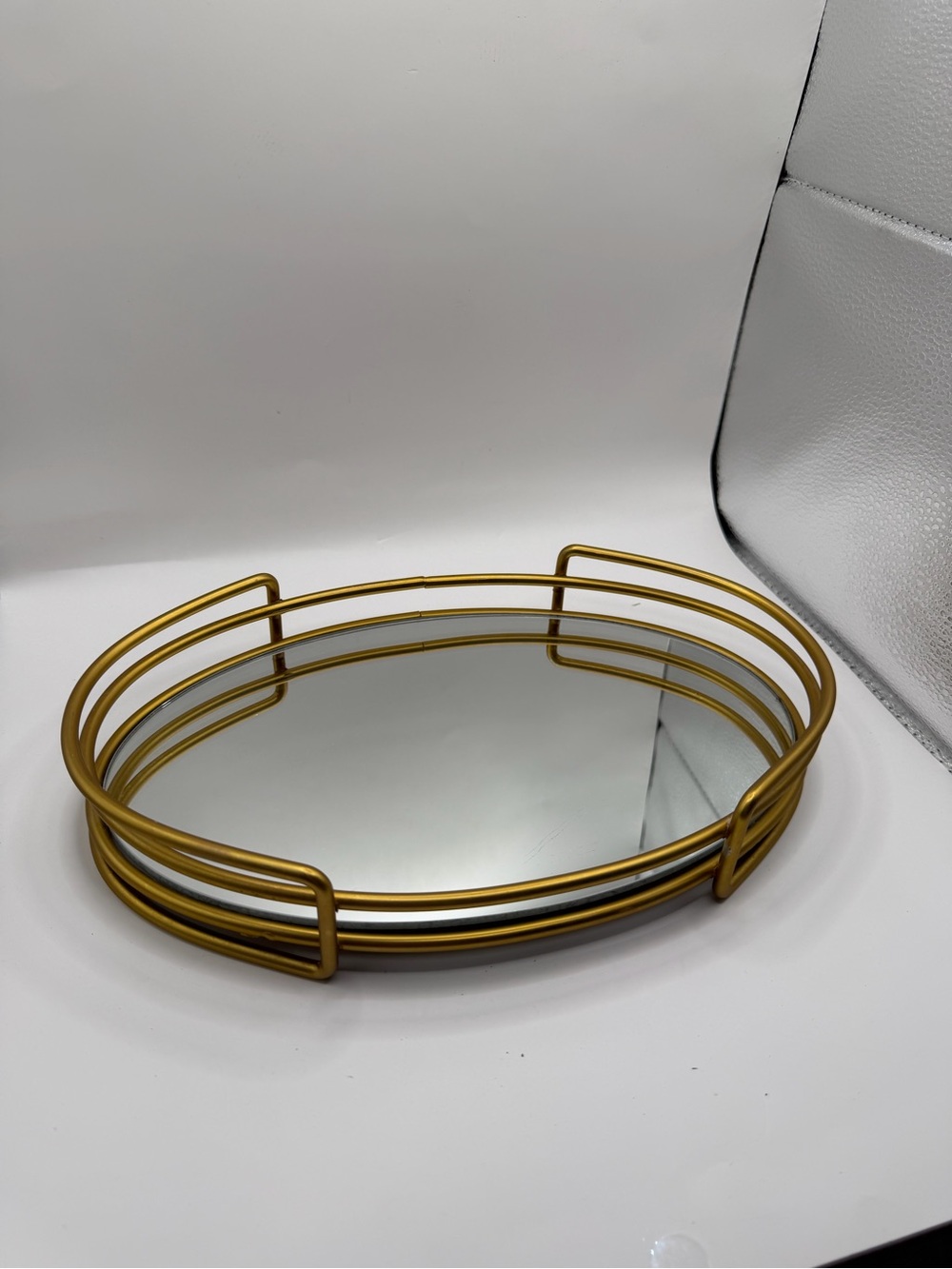 Gold Mirrored Vanity Tray Oval Metal Decorative Perfume Bathroom Organizer